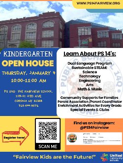 picture of school building with info about kindergarten Jan 9 open house, 10:00-11:00