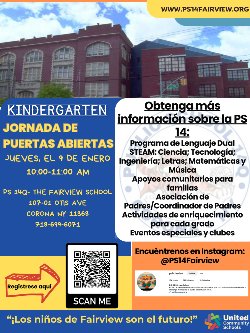 in spanish: picture of school building with info about kindergarten Jan 9 open house, 10:00-11:00